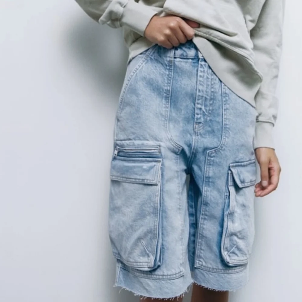 New Zara Bermuda 100% Cotton Denim Cargo Short - Picture 5 of 9